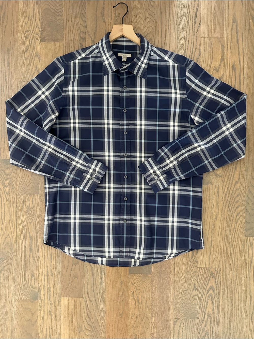 Burberry Men's Nova Check Cotton Long Sleeve Collared Shirt in Blue, White XL